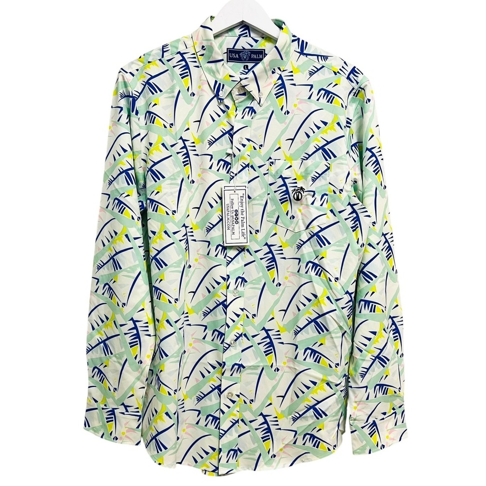 USA Palm Shirt Mens Large‎ Palm Print Long Sleeve Button Up Stretch UPF 50+ New
